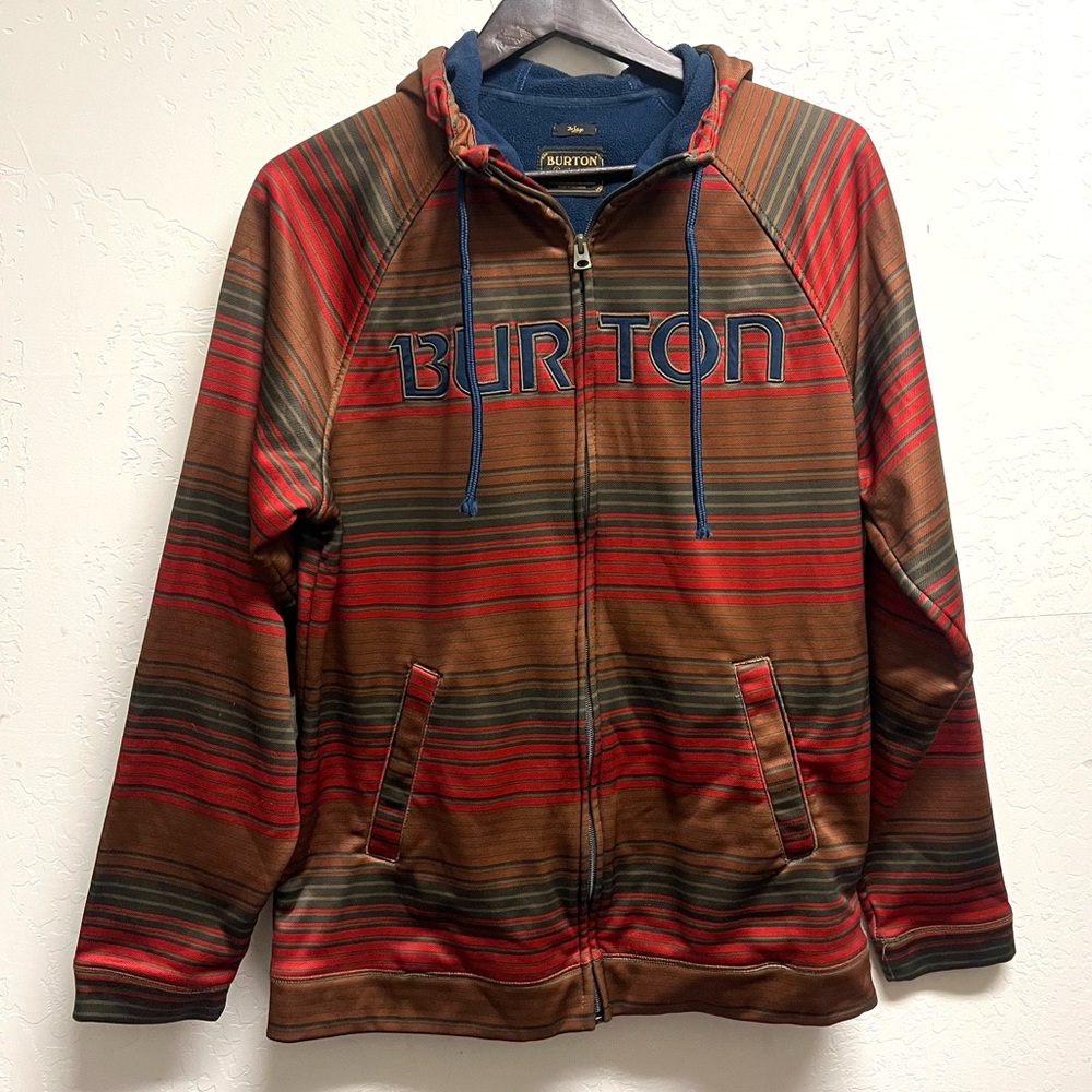 Burton MB Peak Hoodie Brown Red Striped Fleece Lined Zip Up Size L Women’s